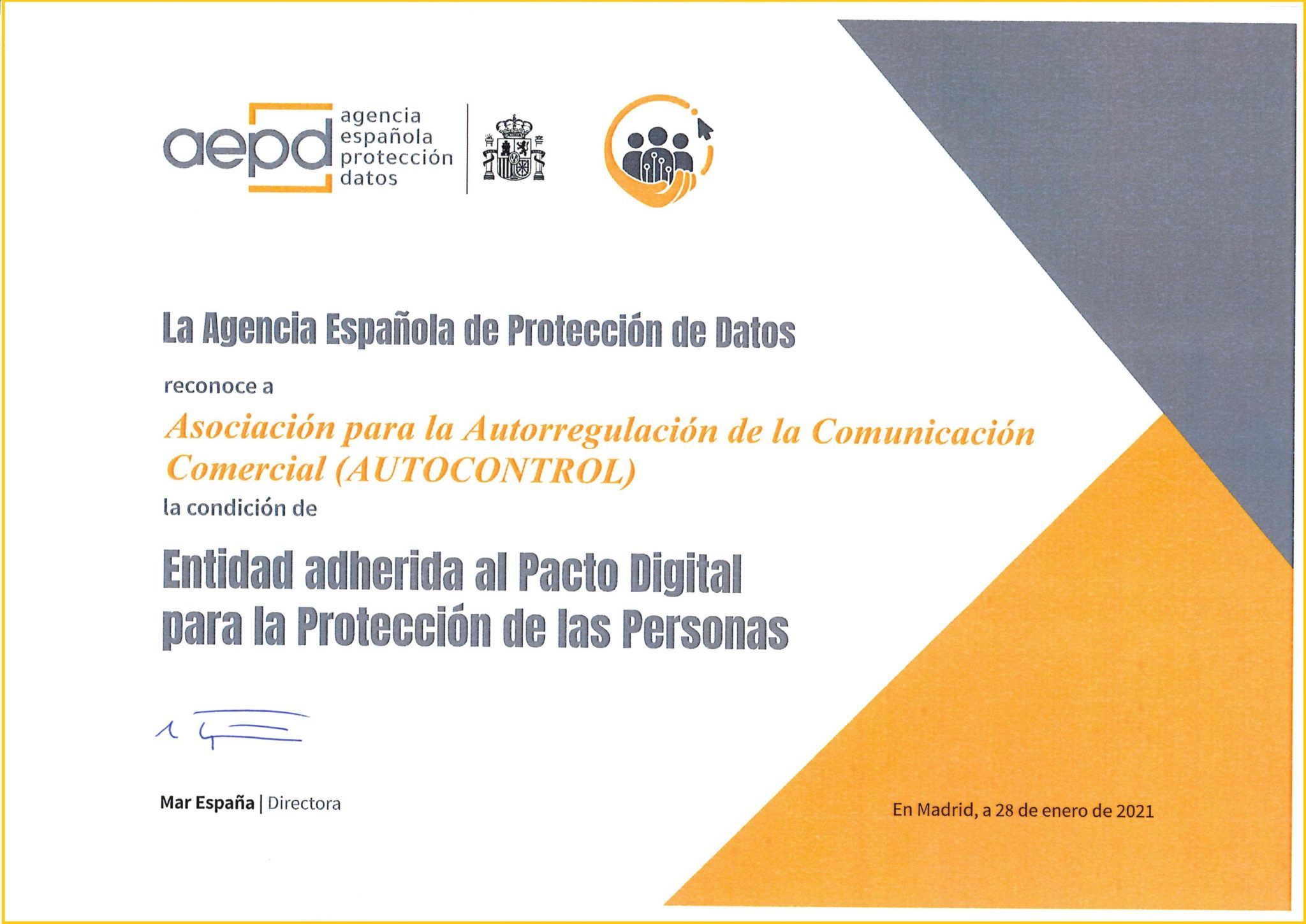 AUTOCONTROL Recibe El Certificado De Adhesión Al Pacto Digital Para La ...